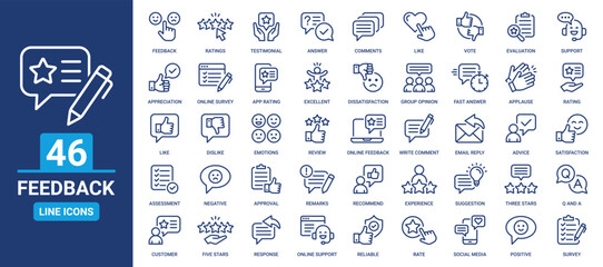 Poster - Feedback icon set. Containing customer review, satisfaction, ratings, opinion, social media, survey and evaluation icons. Outline vector icons collection.
