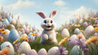 copy space, stockphoto, Cute Cartoon Spring Easter Bunny in a Field of Flowers and Easter Eggs. Beautiful design for school, menu, poster, greeting card.