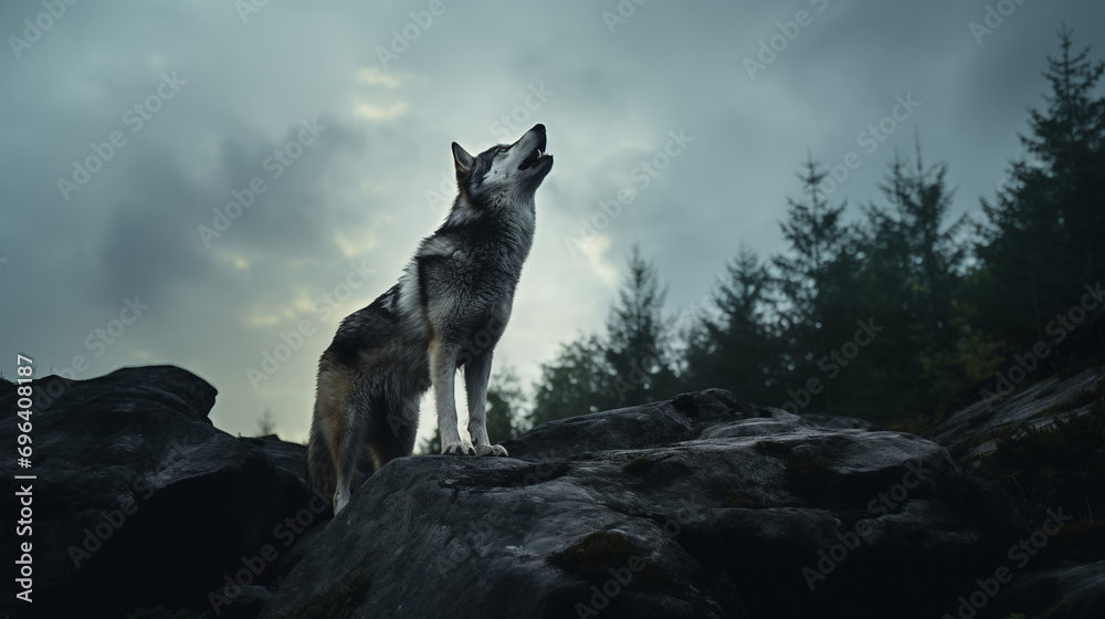 wolf howls at the moon standing on a rock Stock Photo | Adobe Stock