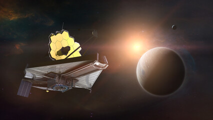 Wall Mural - james webb telescope explores deep space close to jupiter planet. jwst launch art. elements of this 