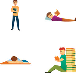 Poster - literature lover icons set cartoon vector. young man read paper book. education, hobby