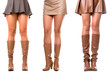Collection of female beautiful legs in leather brown boots, front view. A young woman in a short brown leather skirt, in a miniskirt. Isolated on a transparent background.