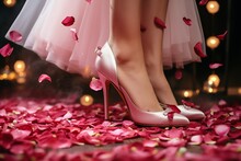 Women's feet in high-heeled shoes on the floor with rose petals, a romantic illustration for Valentine's day and wedding.