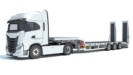 Wall Mural - Semi Truck with Lowboy Platform Trailer 3D rendering on white background