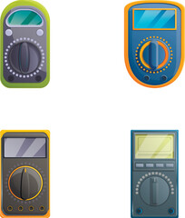 Poster - Multimeter icons set cartoon vector. Voltage, amperage, ohmmeter. Electrical measuring instrument
