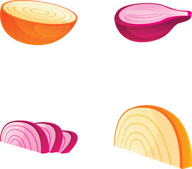 Poster - Various onion icons set cartoon vector. Whole and chopped onion. Organic fresh vegetable
