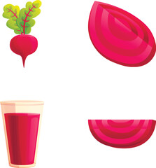 Poster - Beet juice icons set cartoon vector. Fresh ripe beetroot and juice in glass. Organic vegetable