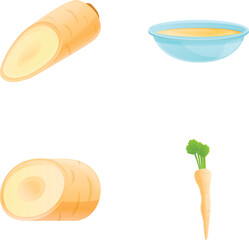 Poster - Parsnip dish icons set cartoon vector. Fresh organic parsnip root. Vegetarian vegetable
