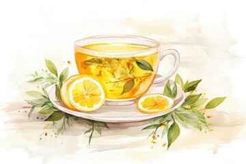 Wall Mural - Hot food background herb yellow leaf herbal green healthy tea lemon cup drink beverage