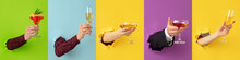 Banner. Creative Collage. Hands With Cocktail Glass Breaks Through Multicolored Paper Background. Modern Fashion Photo. Ad. Concept Of Pop Art, Party Mood, Alcohol, Celebration, Holidays.