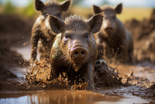 A Heartwarming Scene Of A Family Of Warthogs Playing In The Mud.