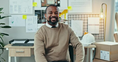 Poster - Happy black man, creative and small business professional in career ambition or confidence at office. Portrait of African male person or manager smile in startup or architecture design at workplace