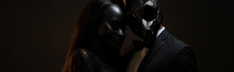 Woman or girl in a black rabbit mask made from leather rubber or latex. Erotic fetish scene, banner. Adult industry concept for website
