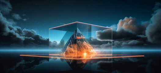 Poster - Illustrate a glass prism with a cloud of digital data inside, highlighting the idea