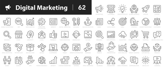 Digital marketing line icons set. Marketing outline icons collection. Website, seo, social media, online advertising, mail, content, strategy, target, feedback, store - stock vector.