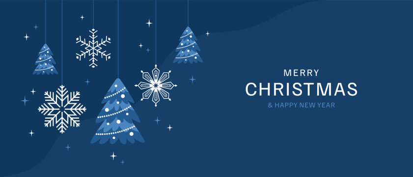 Christmas and New Year greeting card. Shining decorations with Christmas trees and snowflakes on dark blue background. Flat vector illustration