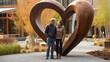Couple standing in front of a heart-shaped sculpture garden