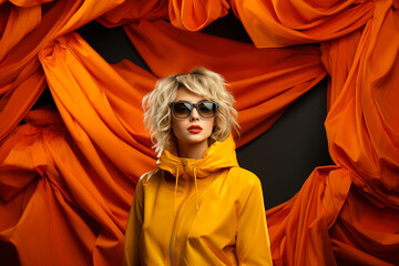 Wall Mural - Photograph of a powerful young lady wearing yellow jacket on yellow background.