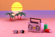 © CatNap Studio - Macro focus boombox with sunglasses in summer style on blurred background of sea at sunset. 3D rendering of 80's retro wave background.