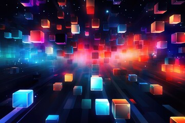 Poster - abstract background with glowing cubes in blue, violet and red colors, Abstract background with colorful lights and squares, AI Generated