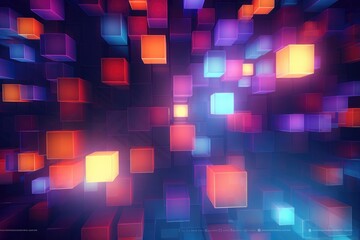 Poster - abstract background with colorful cubes and light effects. 3d rendering, Abstract background with colorful lights and squares, AI Generated