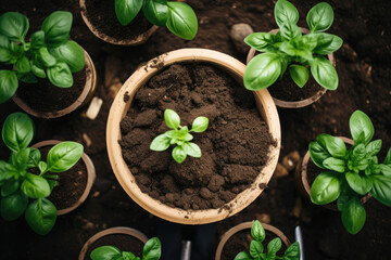 Baby plants seeding in flower pots. Spring planting. Early seedling, grown from seeds in pots at home. Kitchen garden on window sill, urban community garden. Top view