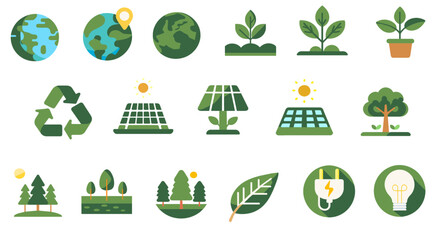 Earth Ecology icon set. Environment, sustainability, nature, recycle, energy; eco-friendly, forest, green symbol. Solid icons vector collection.