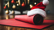 yoga mat with Santa Clause hat with home decorated for Christmas, Healthy lifestyle, weight loss, New Year's resolution