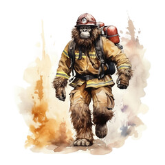 Wall Mural - Watercolor Bigfoot, isolated, Sasquatch Fireman: With hose and fire extinguisher, watercolour style on white background