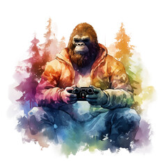 Wall Mural - Sasquatch Gamer: With game controller and board game, vivid image, watercolour style on white background