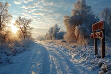 A Serene Snowy Landscape Illuminated By Sunlight, With A Path Marked By A Signpost And Tire Tracks Leading Into The Distance.