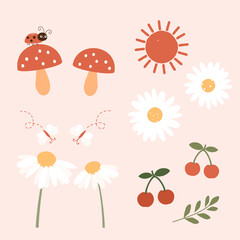 Poster - Mushroom, lady bug, daisy flower, butterfly cartoon and red cherry icon set vector. Cute wall art decoration.