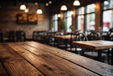 Fototapeta  - Empty wooden table with blur rustic coffee shop restaurant cafe