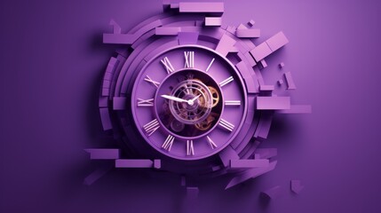 Poster - Purple clock surrounded by three-dimensional geometric figures on a purple background with space for text and custom graphics