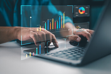 Analyst uses computer with dashboard for data business analysis, Data Management System with KPI and metrics connected to the database for technology finance, operations, sales, marketing online.