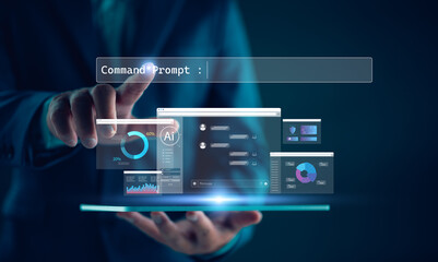 Poster - Ai tech, businessman show virtual graphic Global Internet connect with AI data analyst, Artificial Intelligence. Using command prompt for calculate something, Futuristic technology transformation.