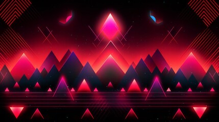Poster - 1980s symbols, triangle, glasses, sun, palm trees, illuminated signs, mountains in neon 80s style 