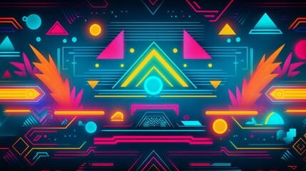 Poster - 1980s symbols, triangle, glasses, sun, palm trees, illuminated signs, mountains in neon 80s style 