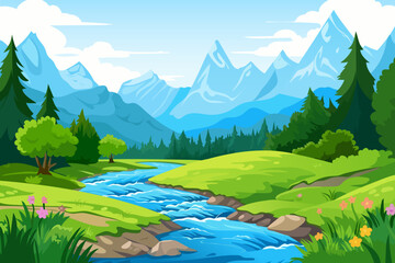 Wall Mural - Beautiful landscape of river, forest and mountains in cartoon style. A river surrounded by forest and high mountains in the background. Vector landscape for printing.