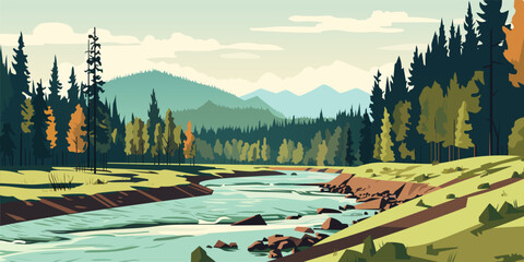 Wall Mural - Beautiful landscape of a fast river, forest and mountains. A river with an eroded bank, surrounded by forest and silhouettes of mountains in the background. Amazing summer or spring landscape. Vector 