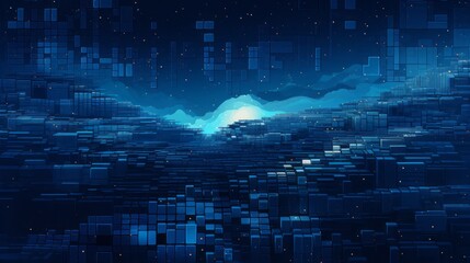 Poster - pixel art night landscape with city, moon and cloud