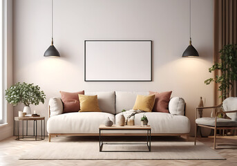 Frame mockup, ISO A paper size. Living room poster mockup. Interior mockup with house white background. Modern interior design. 3D render