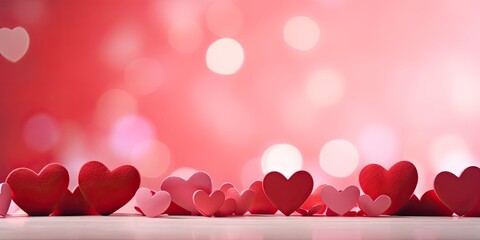 Romantic Valentine's Day background with shimmering bokeh lights, red hearts and notes of love.