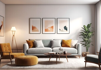 Frame mockup, ISO A paper size. Living room poster mockup. Interior mockup with house white background. Modern interior design. 3D render