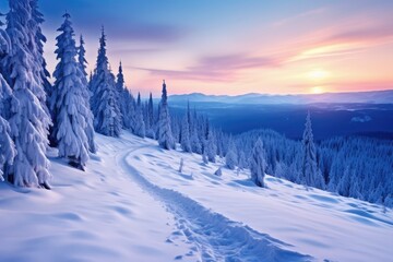 Wall Mural - Majestic sunset in the winter mountains landscape. Dramatic wintry scene, Beautiful winter landscape in the Carpathian Mountains, Ukraine, AI Generated