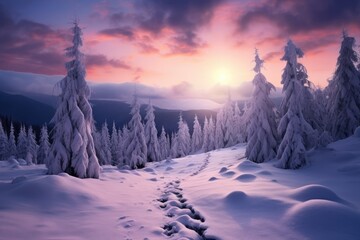 Wall Mural - magical winter sunrise in the mountains. Dramatic wintry scene, Beautiful winter landscape in the Carpathian Mountains, Ukraine, AI Generated