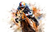 Fototapeta  - Horse jockey riding on racecourse, watercolor painting illustration, Abstract racing horse with jockey from a splash of watercolors, AI Generated