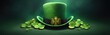  Green hat with clover on green background, St. Patrick's Day holiday concept