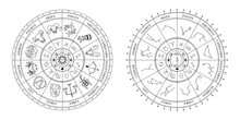Astrological Wheel With Zodiac Signs, Symbols And Constellations. Celestial Mystical Wheel. Mystery And Esoteric. Horoscope Vector Illustration.