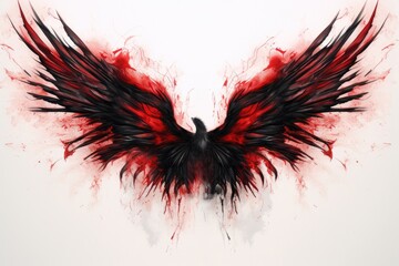 Poster - Black wings of a crow on a background of red blood splashes, Beautiful magic red-black wings drawn with a watercolor effect, AI Generated